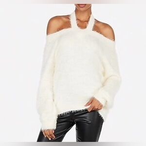 Express Cream Off-Shoulder Fuzzy Halter Sweater